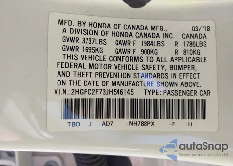 2018 Honda Civic Ex из США, поврежденный, VIN 2HGFC2F73JH546145